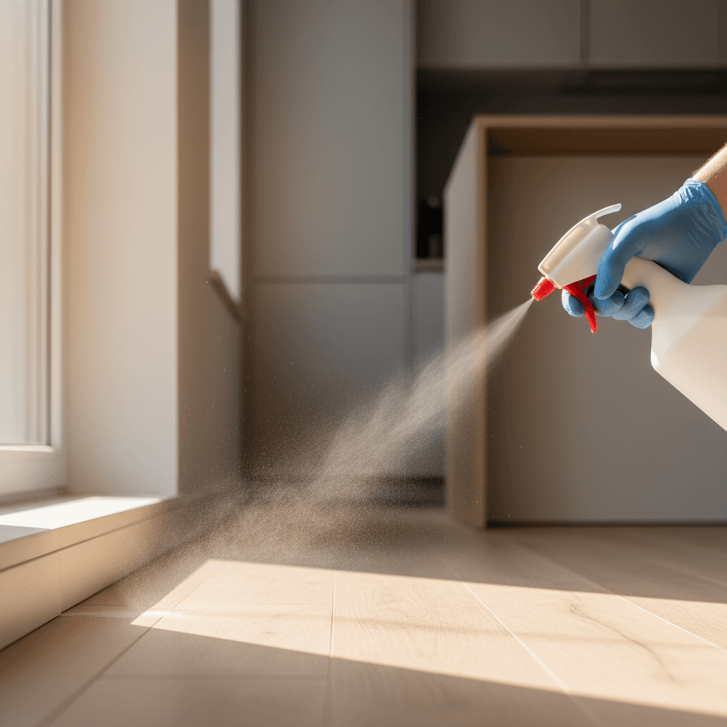 Preventative pest treatment being applied to home baseboards