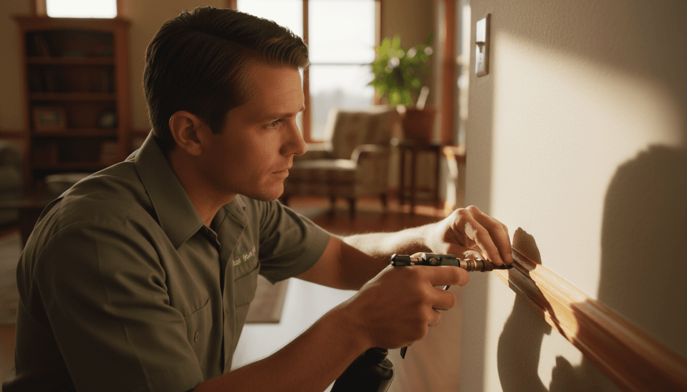 Pest control technician carefully inspecting home for pest activity