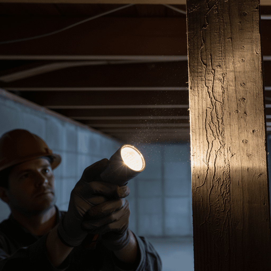 Technician inspecting wooden structure for termite damage