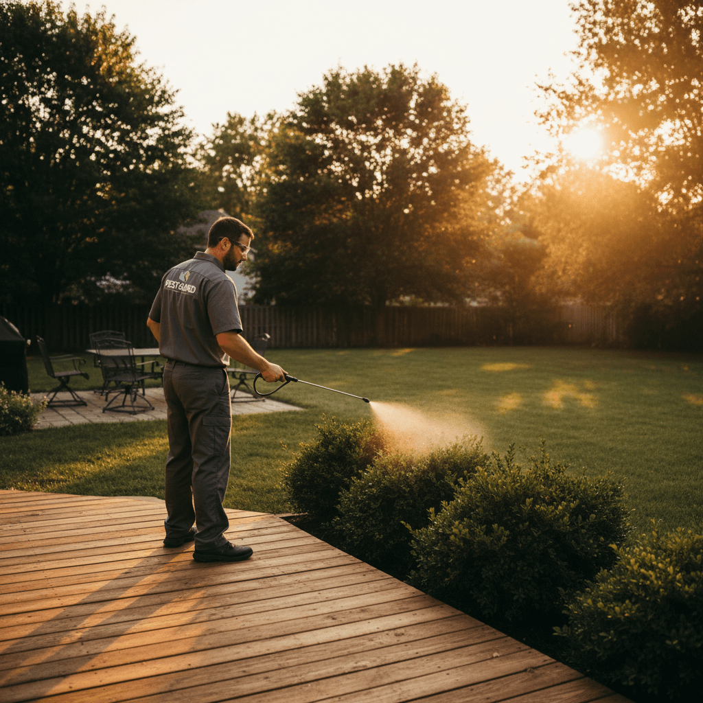 Technician treating residential yard for mosquitoes and ticks