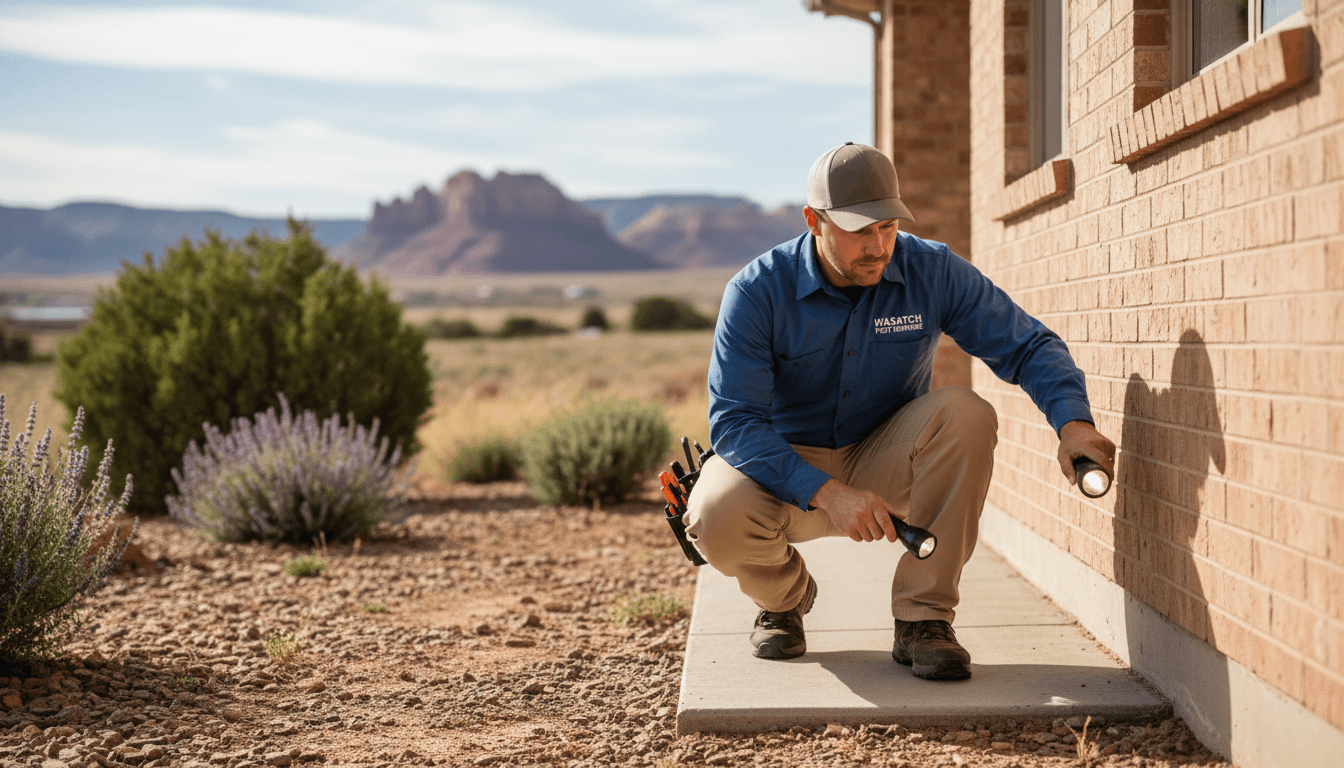 Pest control technician inspecting home foundation in Utah