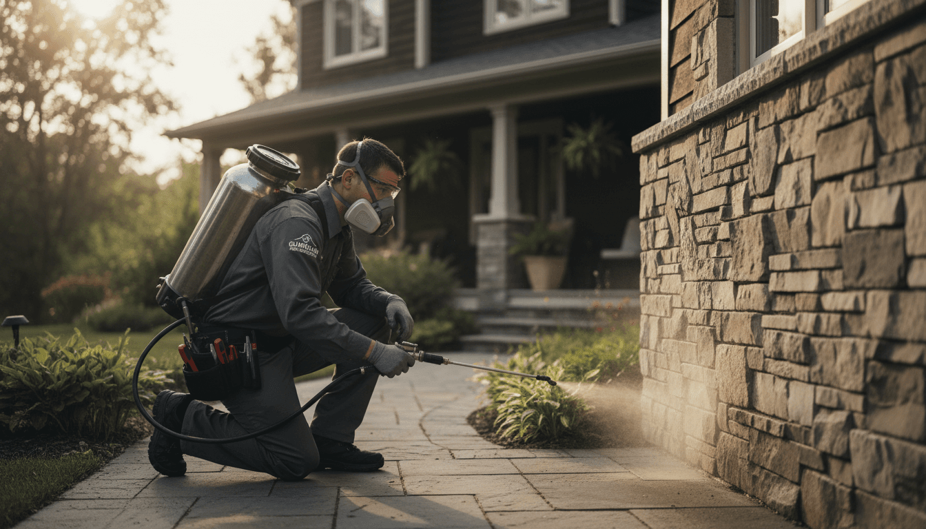 Pest control technician applying professional treatment to home exterior